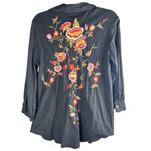 Caite Embroidered Button Front Tunic Top | Floral Boho Artisan Blouse